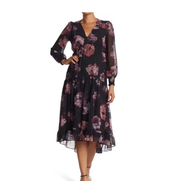 Black & Purple Floral Midi Dress Size 2 (Small) - Picture 1 of 7